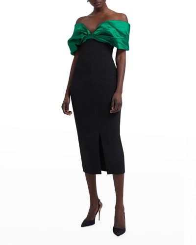 Shop Safiyaa Draped Bow Bustier Off-the-shoulder Midi Dress In Jewel Green / Blk