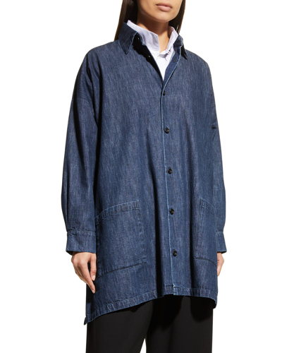Shop Eskandar Wide A-line Denim Shirt Jacket With Collar (very Long Length) In Jean Dark