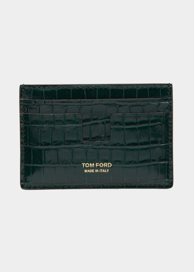 Shop Tom Ford Men's Croc-printed Leather T-line Card Holder In Black