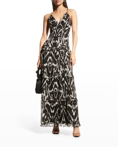 Shop Nicole Miller Ikat Metallic Sleeveless Maxi Dress In Black / White