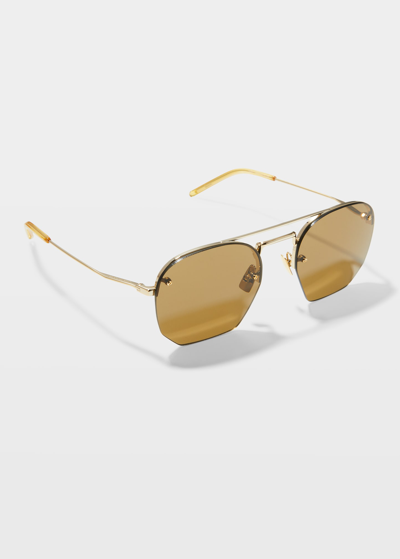 Shop Saint Laurent Men's Geometric Metal Double-bridge Sunglasses In Brown/gold