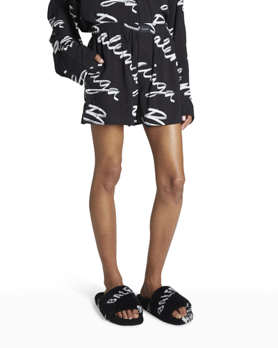 Shop Balenciaga Logo Script Print Boxer Pajama Shorts In Noir / Ecru