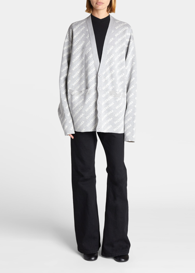 Shop Balenciaga Mini Logo Allover Knit Cardigan In Grey / White