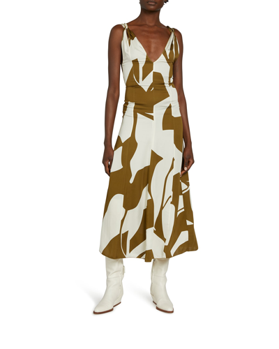 Shop Victoria Beckham Twist-shoulder Fit-&-flare Midi Dress In Khaki / Cream