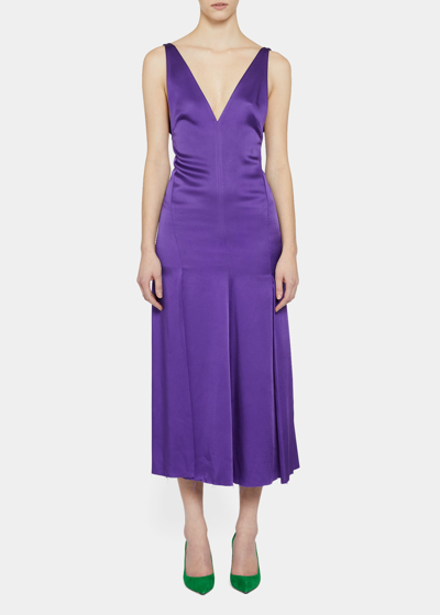 Shop Victoria Beckham Paneled Midi Satin Dress In Bright Purple