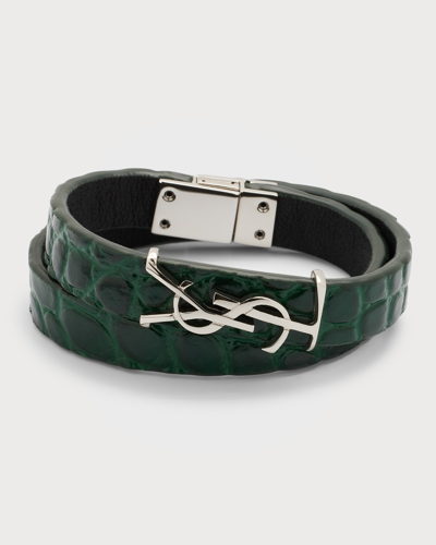 Shop Saint Laurent Leather Ysl Monogram Double-wrap Bracelet, Green In Grey-green
