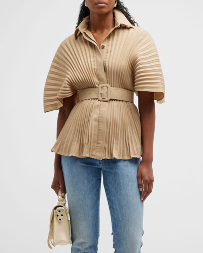 Shop Brandon Maxwell Pleated Button-up Top W/ Belt In Khaki