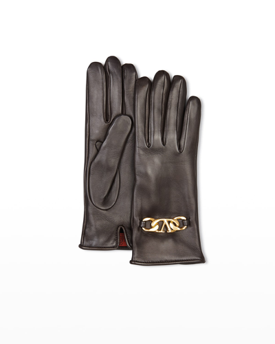 Shop Valentino Vlogo Chain Leather Gloves In Dark Brown