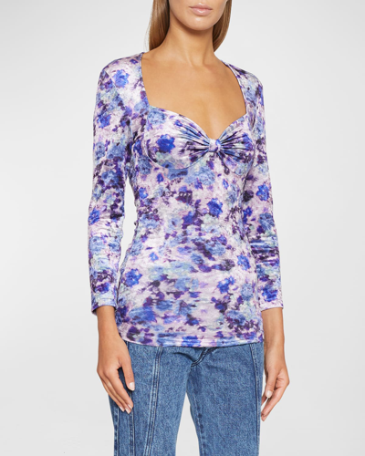 Shop Isabel Marant Gubaia Blur Floral-print Bow-bustier Velvet Top In Purple