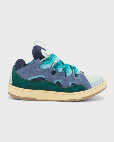 Shop Lanvin Men's Curb Leather Thick-lace Low-top Sneakers In Blue/green