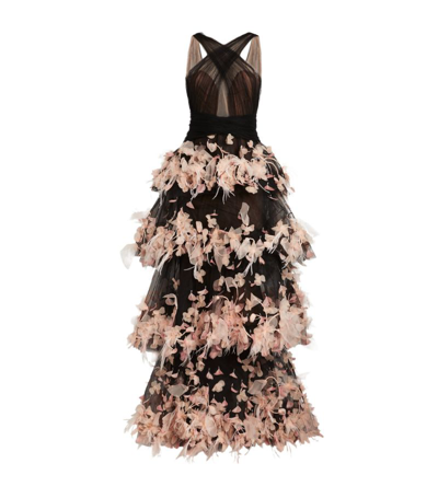 Shop Marchesa Tulle Feather Gown In Multi