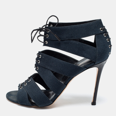 Pre-owned Gianvito Rossi Blue Canvas Lace Up Roxy Caged Sandals Size 39.5