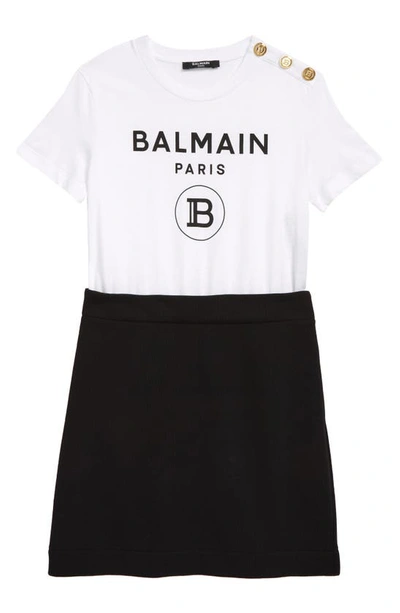 Shop Balmain Kids' Cotton Logo Dress In Black Whte