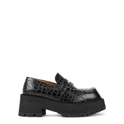 Shop Marni Black Crocodile-effect Leather Platform Loafers