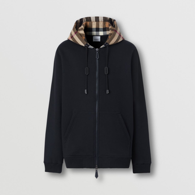 Shop Burberry Check Hood Cotton Zip Hoodie In Black/archive Beige