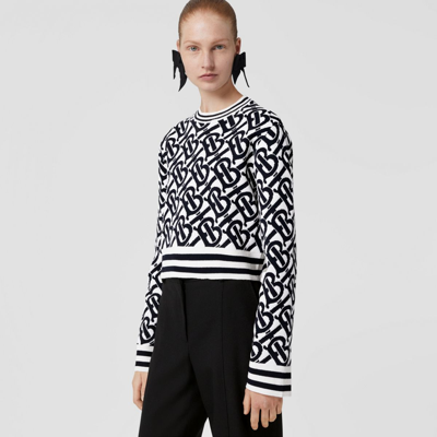 Shop Burberry Monogram Wool Blend Jacquard Cropped Sweater In Natural White