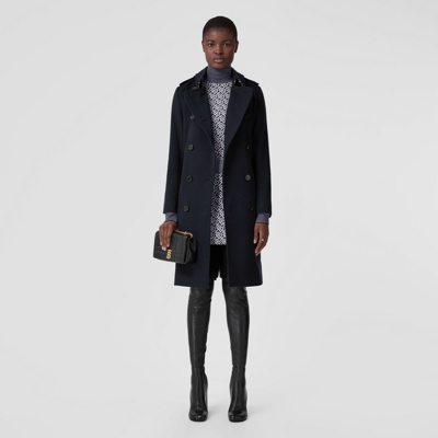 Shop Burberry Long Cashmere Blend Kensington Trench Coat In Dark Charcoal Blue