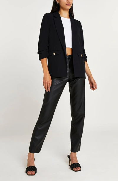 Shop River Island Ruched Sleeve Cotton Blazer In Black