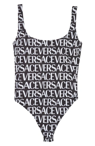 Shop Versace Logo One-piece Swimsuit In Black White