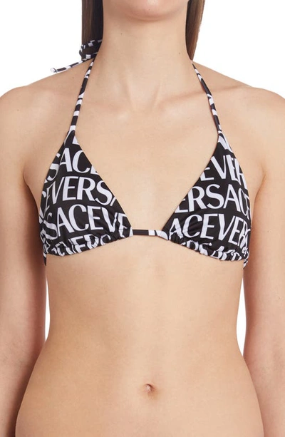 Shop Versace Logo Print Triangle Bikini Top In Black White