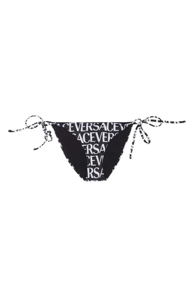 Shop Versace Logo Print Side Tie Bikini Bottoms In Black White