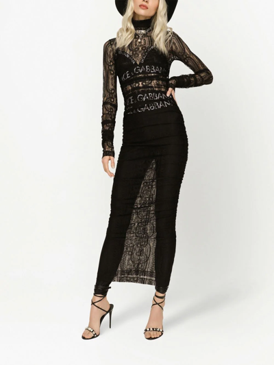 Dolce & Gabbana Semi-sheer Lace Roll-neck Dress In Black