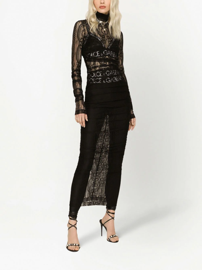 Dolce & Gabbana Semi-sheer Lace Roll-neck Dress In Black