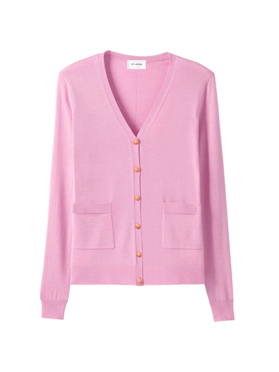 Shop St John Women's Jersey Wool-silk V-neck Cardigan In Dark Pink