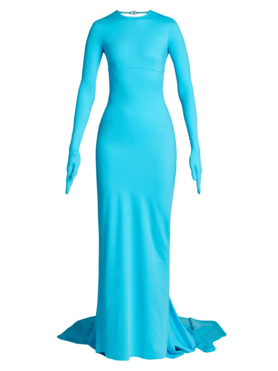 Shop Balenciaga Long Glove-sleeve Stretch Gown In Azure