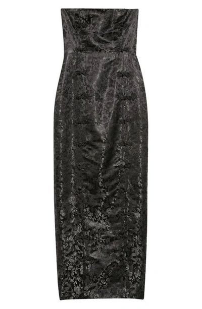 Shop Sau Lee Jennifer Floral Jacquard Strapless Satin Pencil Dress In Black