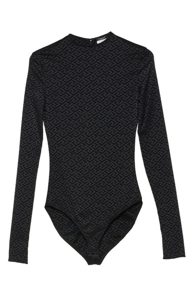 Shop Versace La Greca Monogram Print Long Sleeve Bodysuit In Nero