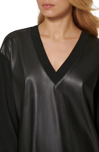 Shop Dkny Faux Leather Front V-neck Sweatshirt In Black