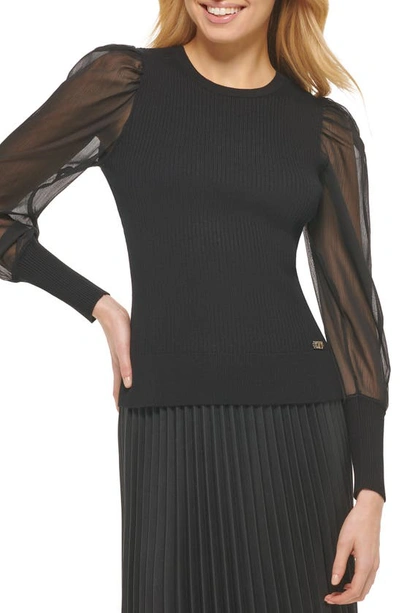 Shop Dkny Sheer Sleeve Ribbed Sweater In Black/ Black