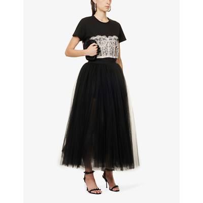 Shop Alexander Mcqueen Women's Black Shell Lace-print Cotton-jersey T-shirt In Black   Shell