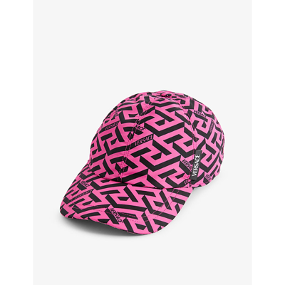 Shop Versace Greca Logo-print Woven Baseball Cap In Pink Bkack