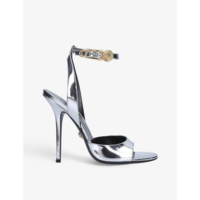 Shop Versace Safety Pin Patent Leather Heeled Sandals In Silver