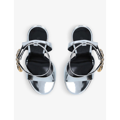 Shop Versace Safety Pin Patent Leather Heeled Sandals In Silver