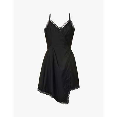 Shop Alexander Mcqueen Asymmetric Lace-embroidered Crepe Mini Dress In Black