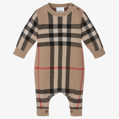 Shop Burberry Beige Knit Baby Rompersuit