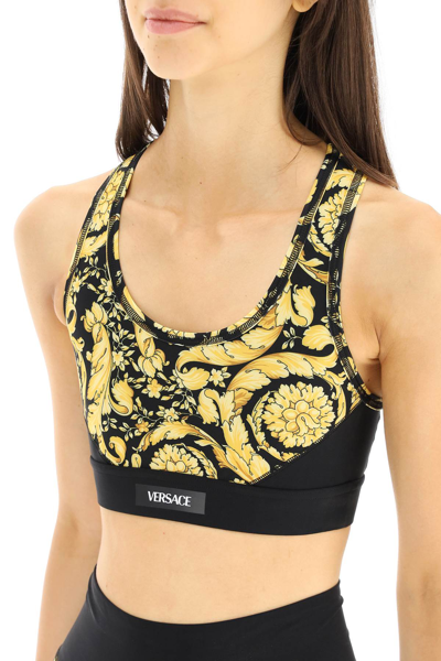Shop Versace Barocco Print Cropped Sports Top In Black,gold