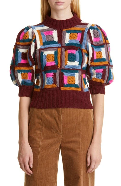 Shop Sea Camryn Puff Sleeve Crochet Wool Sweater In Multi