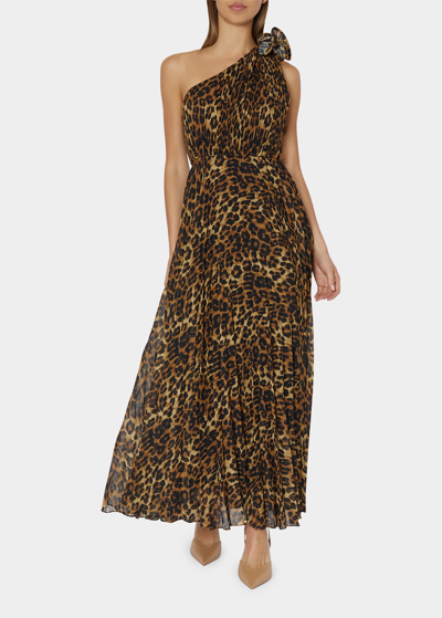 Shop Milly Gina Pleated Leopard-print One-shoulder Gown In Multi