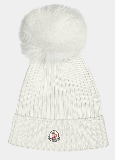 Shop Moncler Girl's Ribbed Wool Beanie W/ Faux Fur Pompom In White