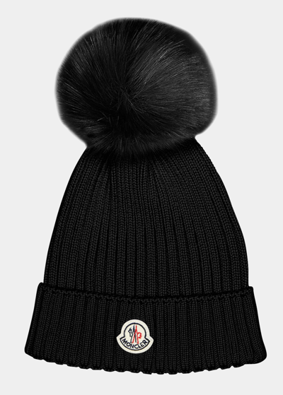 Shop Moncler Girl's Ribbed Wool Beanie W/ Faux Fur Pompom In Black
