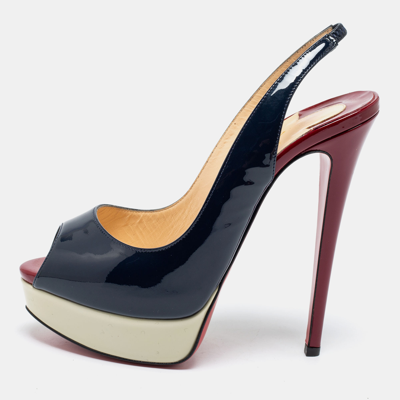 Pre-owned Christian Louboutin Tricolor Patent Leather Lady Peep-toe Platform Slingback Sandals Size 38.5 In Navy Blue