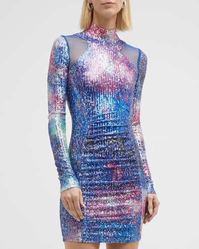 Shop Versace Jeans Couture Sequined Ruched Mini Bodycon Dress In Multicolor Scuro
