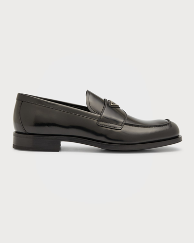 Shop Prada Men's Triangle Logo Leather Loafers In Nero