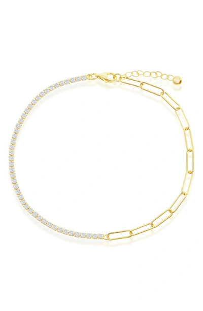 Simona Sterling Silver 2mm Half Tennis & 3.5mm Paperclip Anklet In Gold