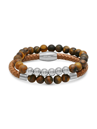 Shop Anthony Jacobs Men's 2-piece Stainless Steel, Tiger Eye & Leather Bracelet Set In Neutral