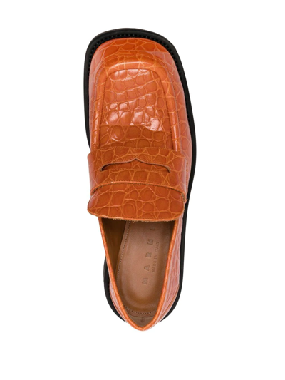 Shop Marni Croc-effect Moccasin Loafers In Orange